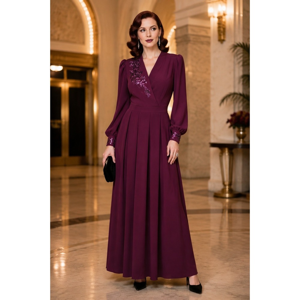 Vintage 80s Y2K Red'She Dark Purple Sequin Party Pleated US8/EUR40 Maxi Dress